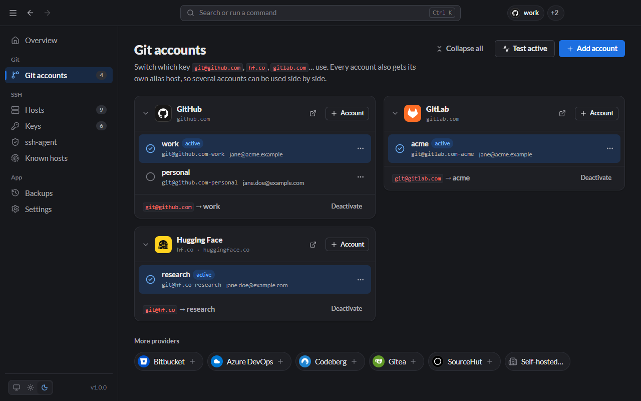 Git accounts screen: GitHub, GitLab and Hugging Face with the active account marked and its alias host