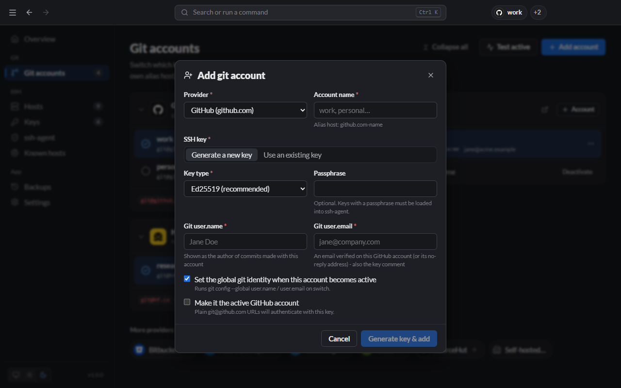 The Add git account dialog