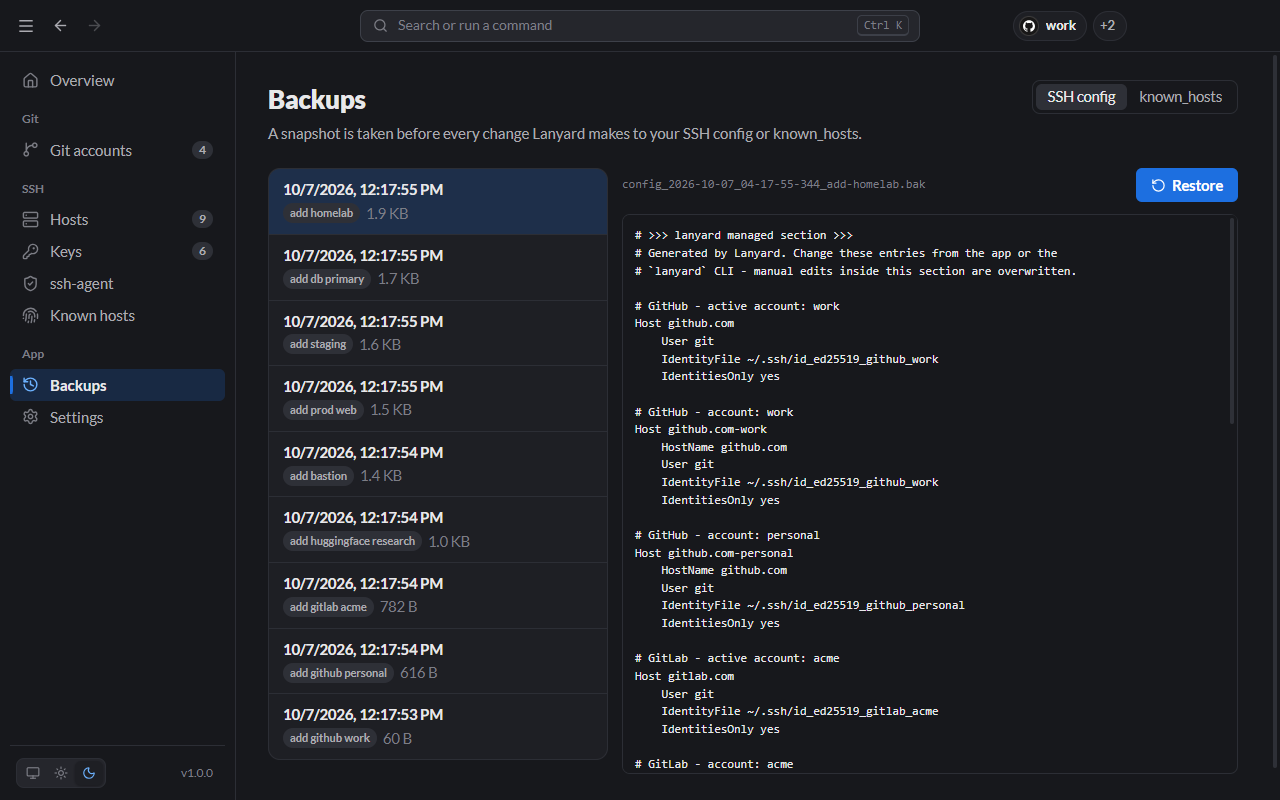 Backups list with timestamps next to the contents of the selected snapshot