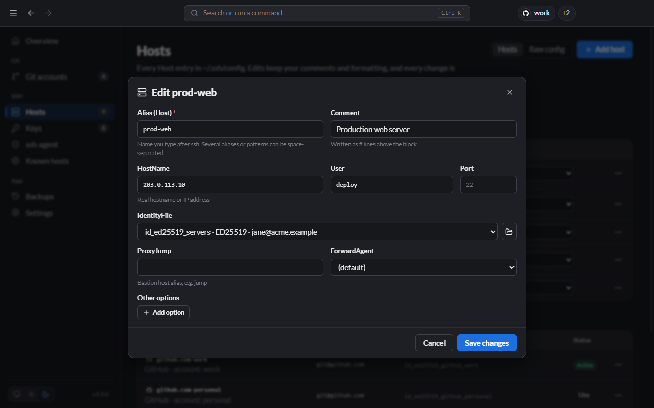 Host editor dialog for prod-web: HostName, User, Port, IdentityFile and ProxyJump fields