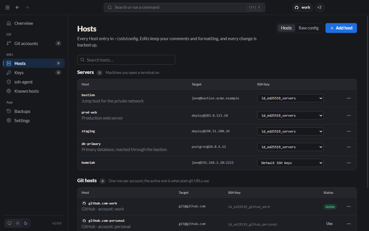 Hosts screen: servers with their target and the SSH key each one uses