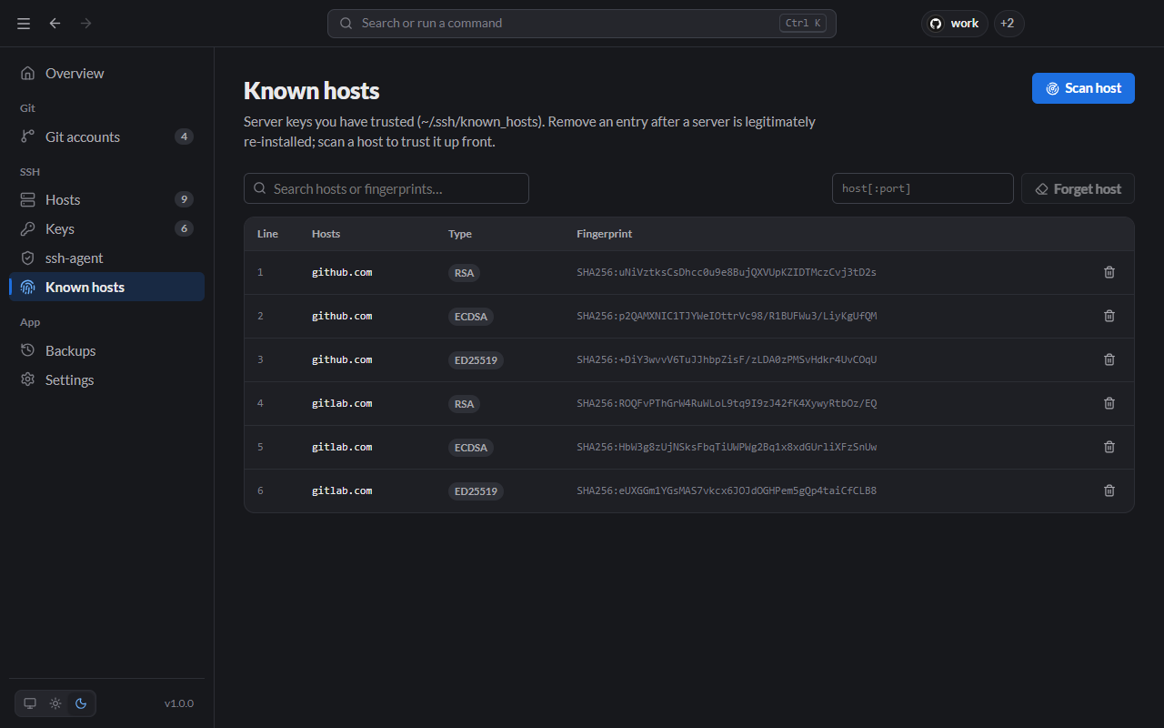 The Known hosts page