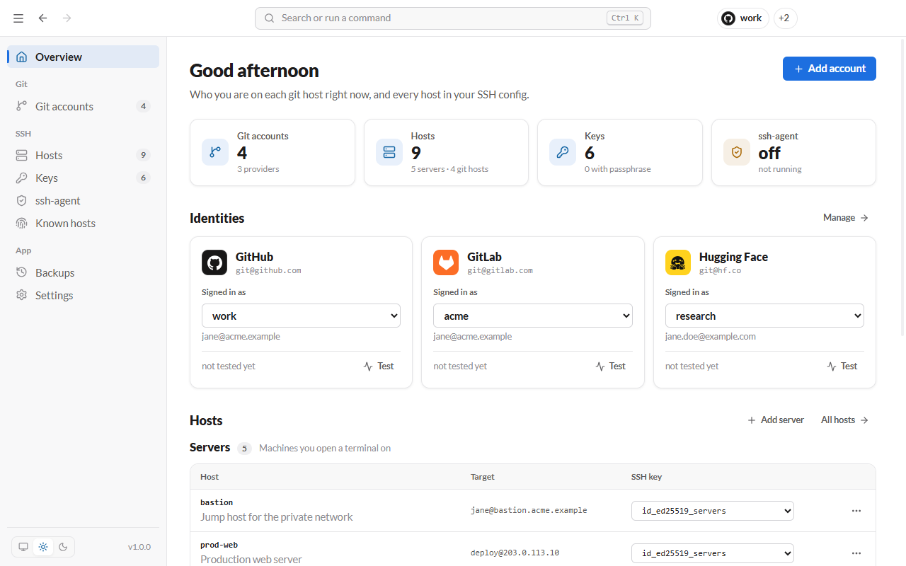 Lanyard overview: active git accounts per provider and the list of SSH servers