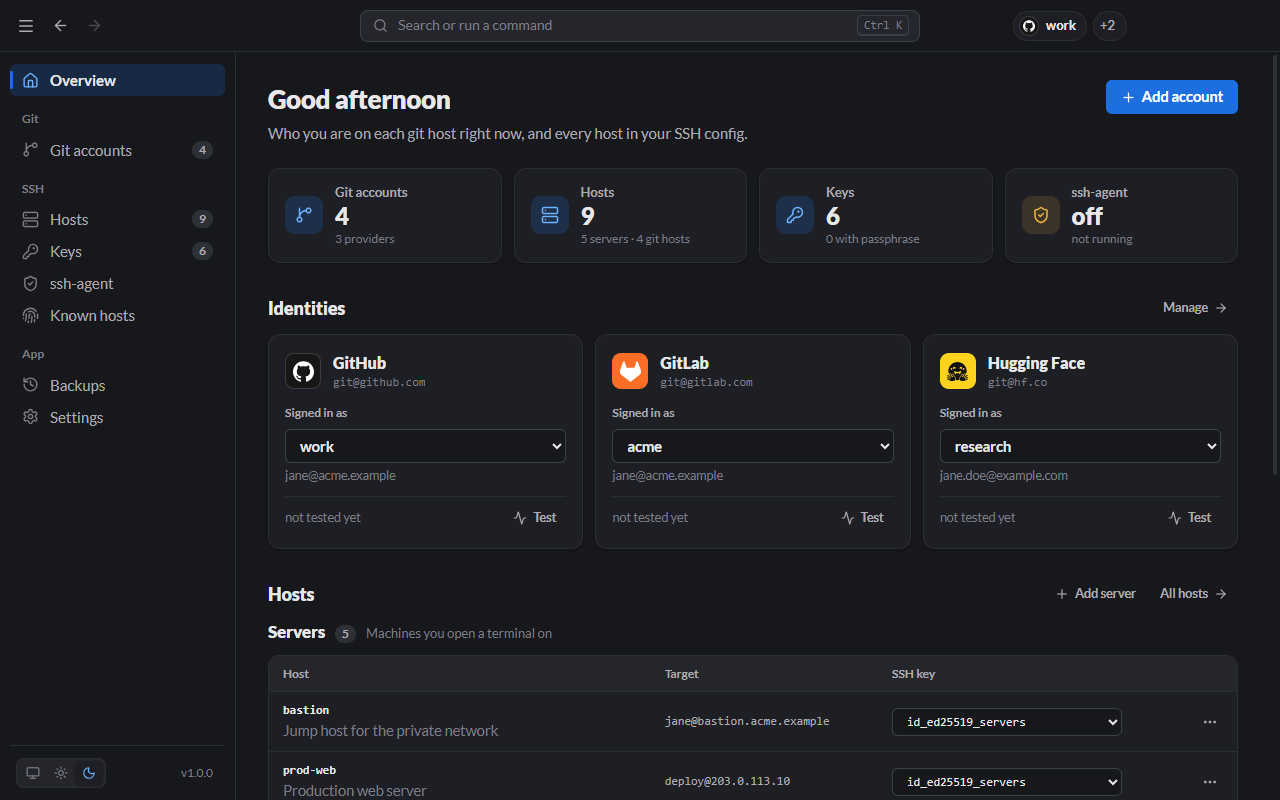 Lanyard overview: active git accounts per provider and the list of SSH servers