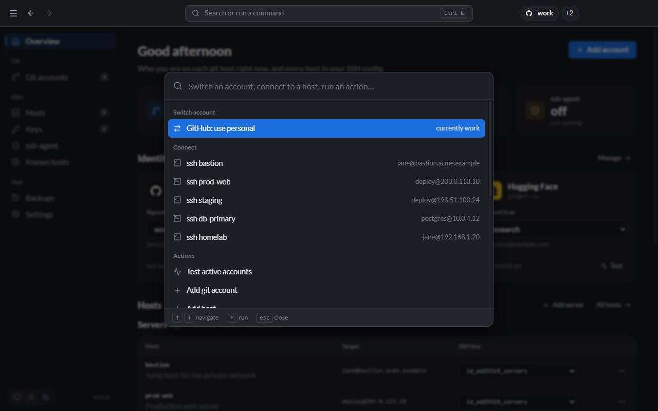 Command palette with sections for switching accounts, connecting to hosts and running actions