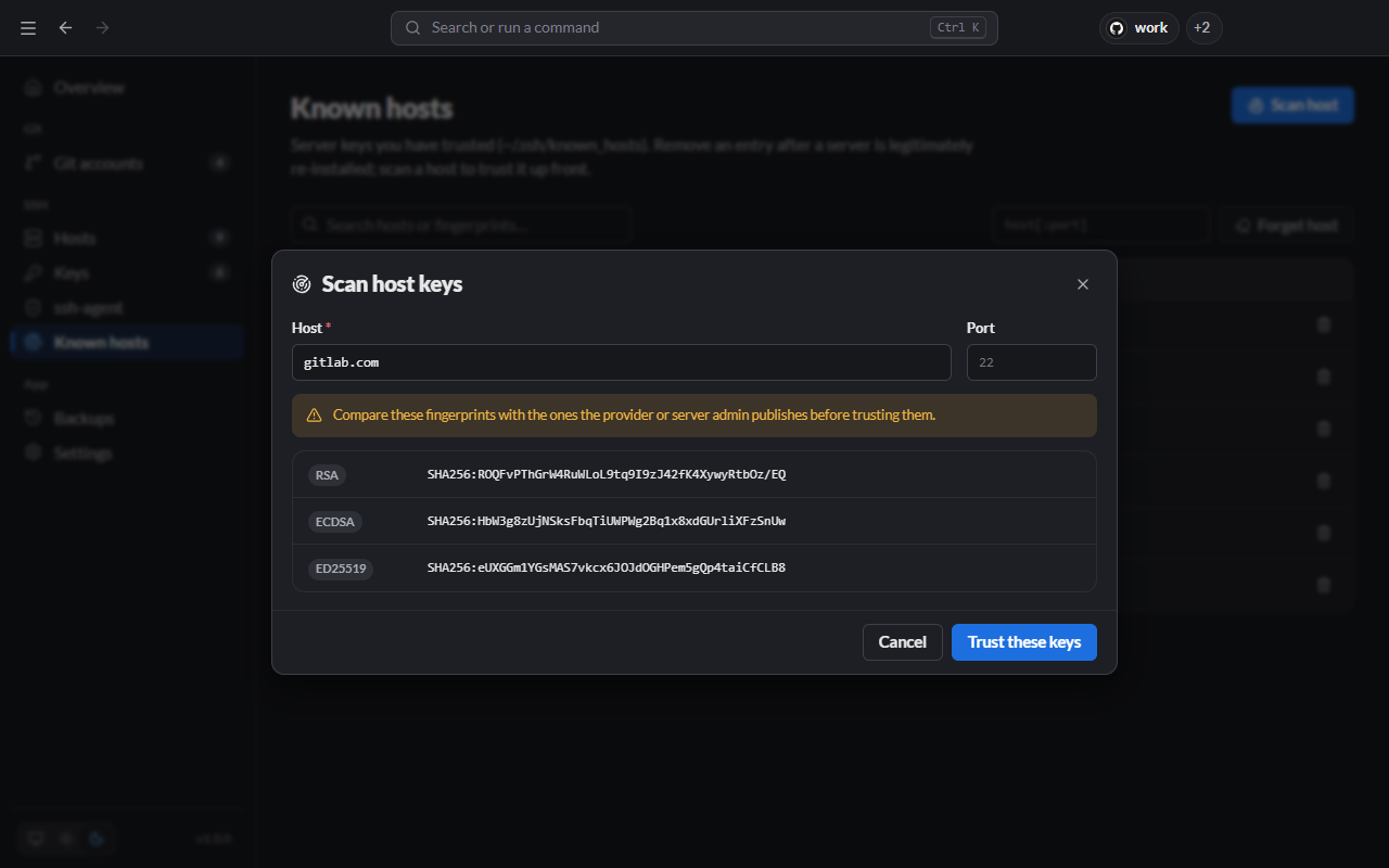 Scan host keys dialog listing RSA, ECDSA and ED25519 fingerprints for gitlab.com