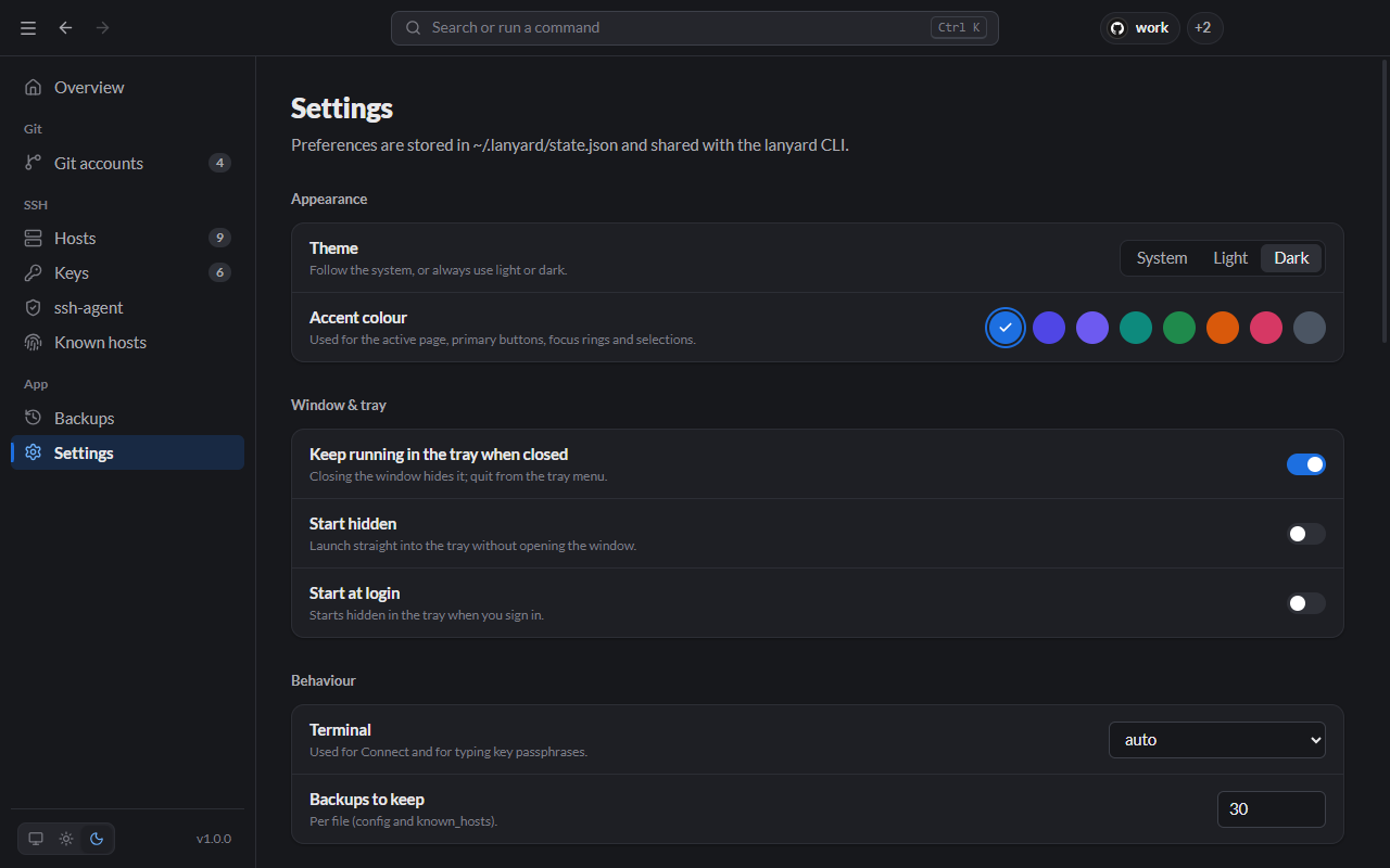 The Settings page